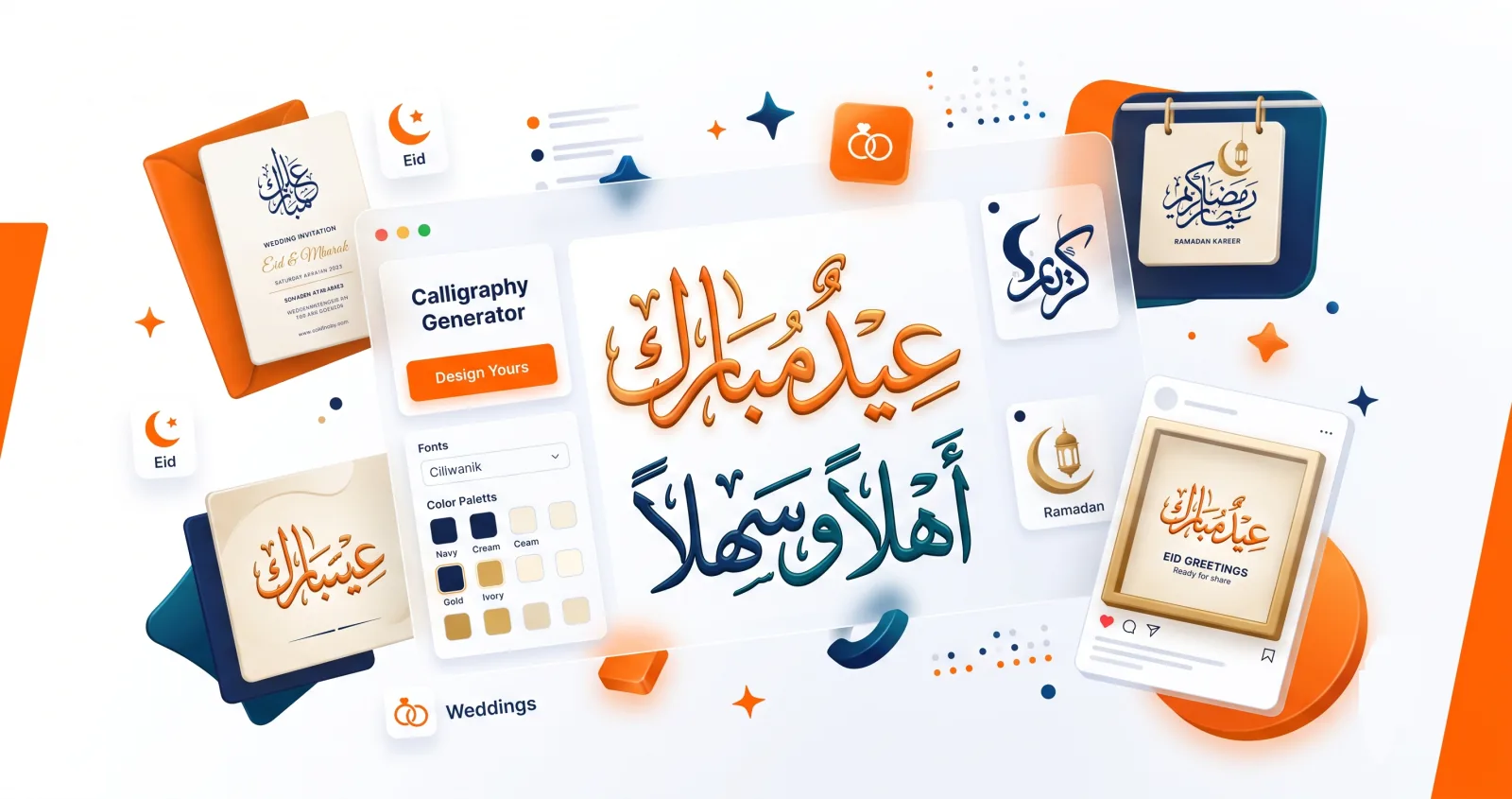 Arabic calligraphy for celebrations — wedding invitations, Eid greeting cards and Ramadan decor