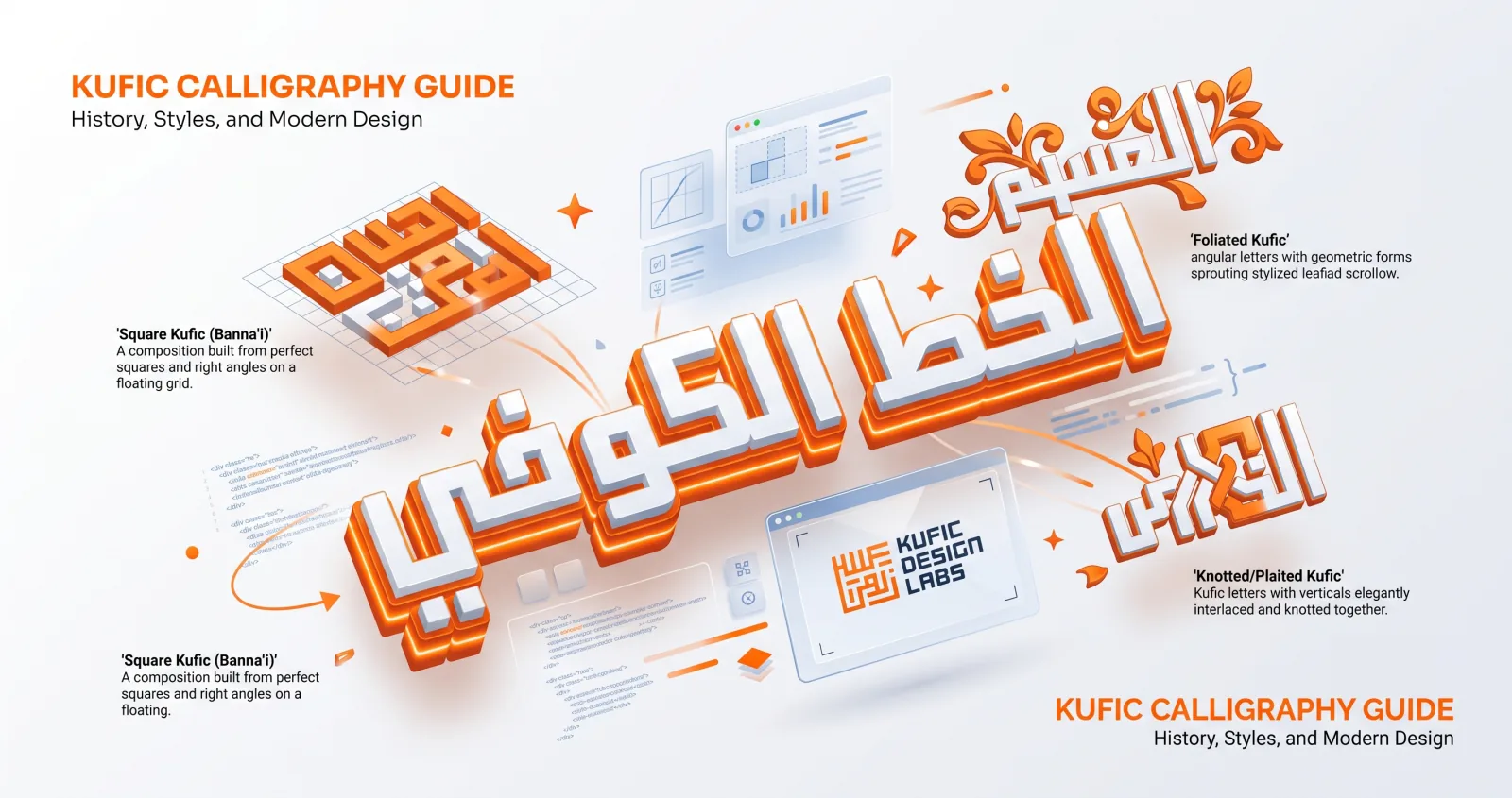 Kufic calligraphy variants illustrated — square Banna'i Kufic on a grid, plus foliated and knotted forms