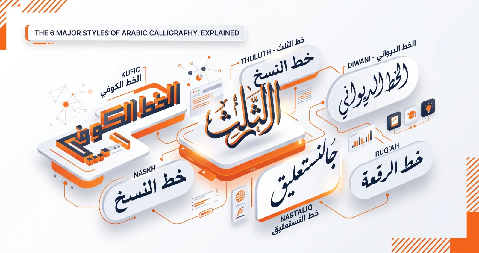 The major Arabic calligraphy styles shown side by side — Kufic, Naskh, Thuluth, Diwani and Nastaliq